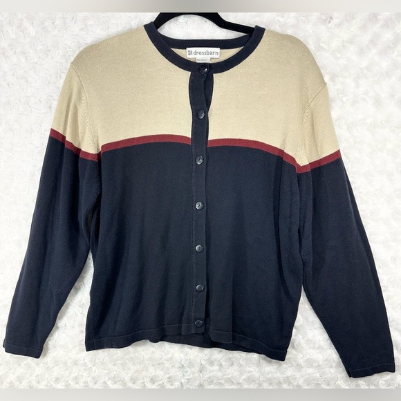 Dressbarn Woman’s Beige & Navy Long Sleeve Cardigan - Picture 1 of 8